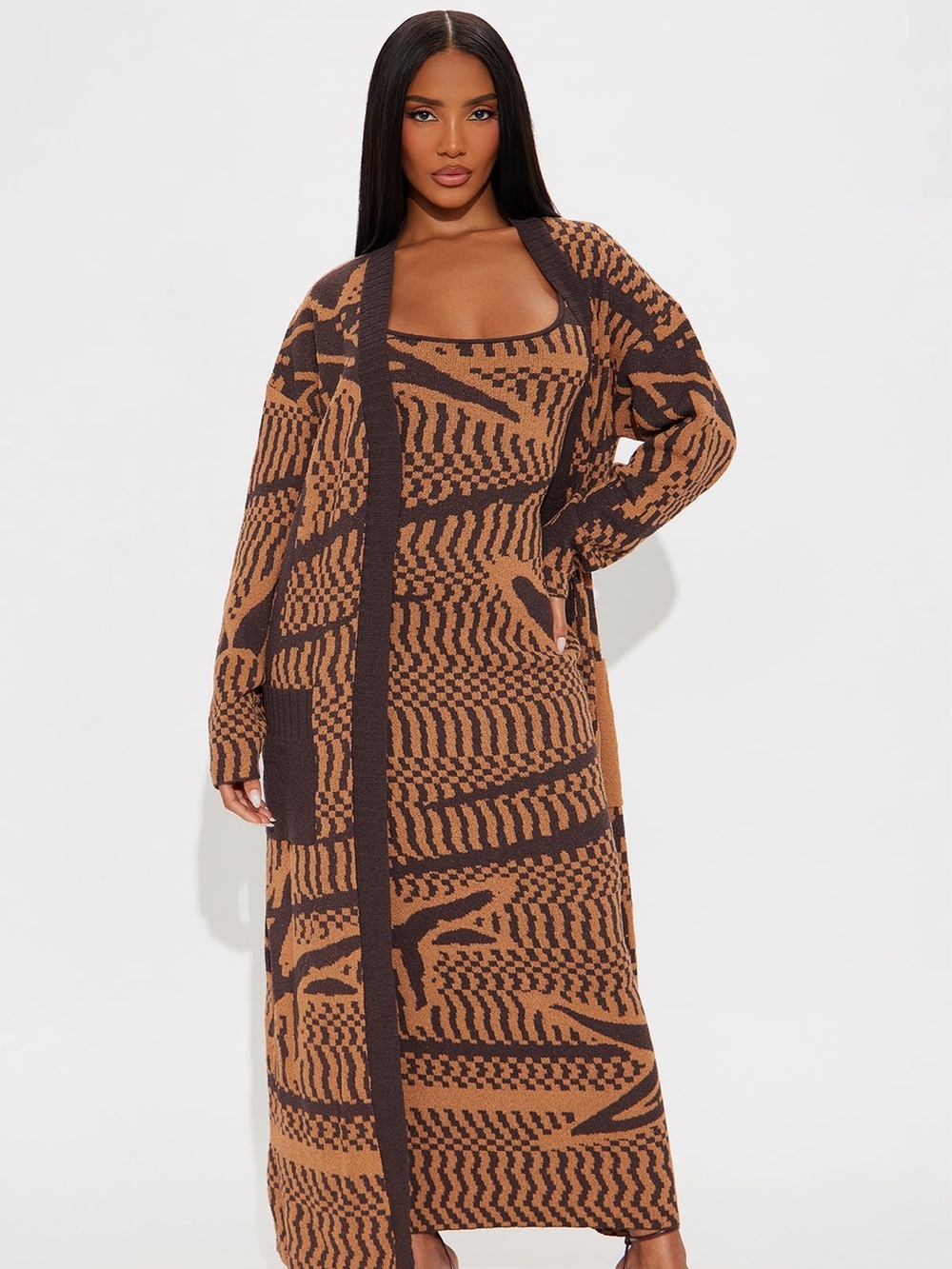 Fashion Nova Brown & Tan Patterned Knit Maxi Cardigan Set